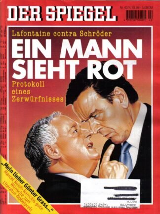 Der Spiegel. 04.10.1999,  53. Jahrgang. Nr. 40. Das deutsche Nachrichten-Magazin. Titelgeschichte: Lafontaine contra Schröder - Ein Mann sieht rot - Protokoll eines Zerwürfnisses; "Mein lieber Günter Grass..." Marcel Reich-Ranickis gute Wünsche zum Litera