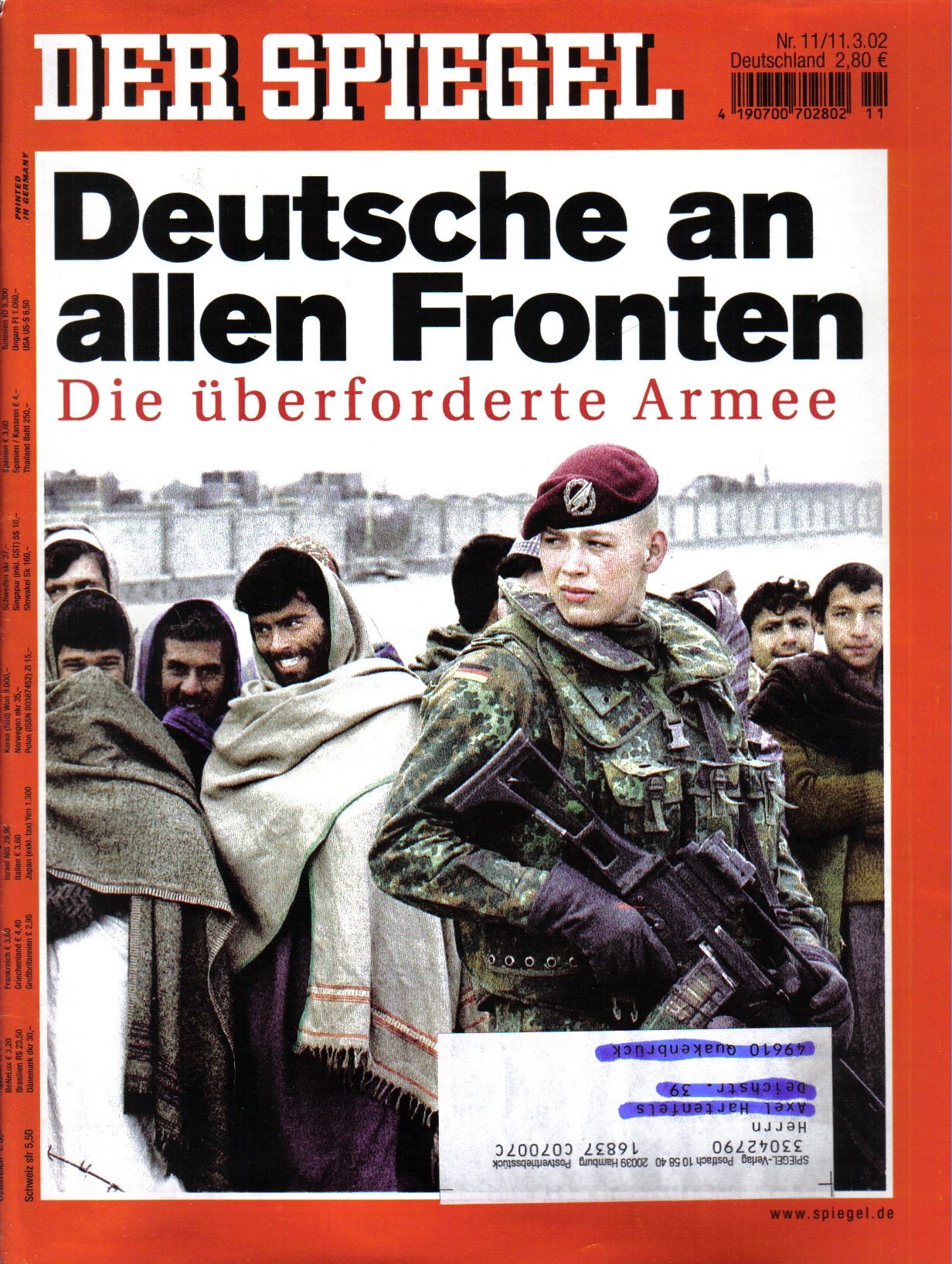 Der Spiegel. 11.03.2002, 56. Jahrgang. Nr. 11. Das deutsche Nachrichten-Magazin. Titelgeschichte: Deutsche an allen Fronten - Die überforderte Armee.