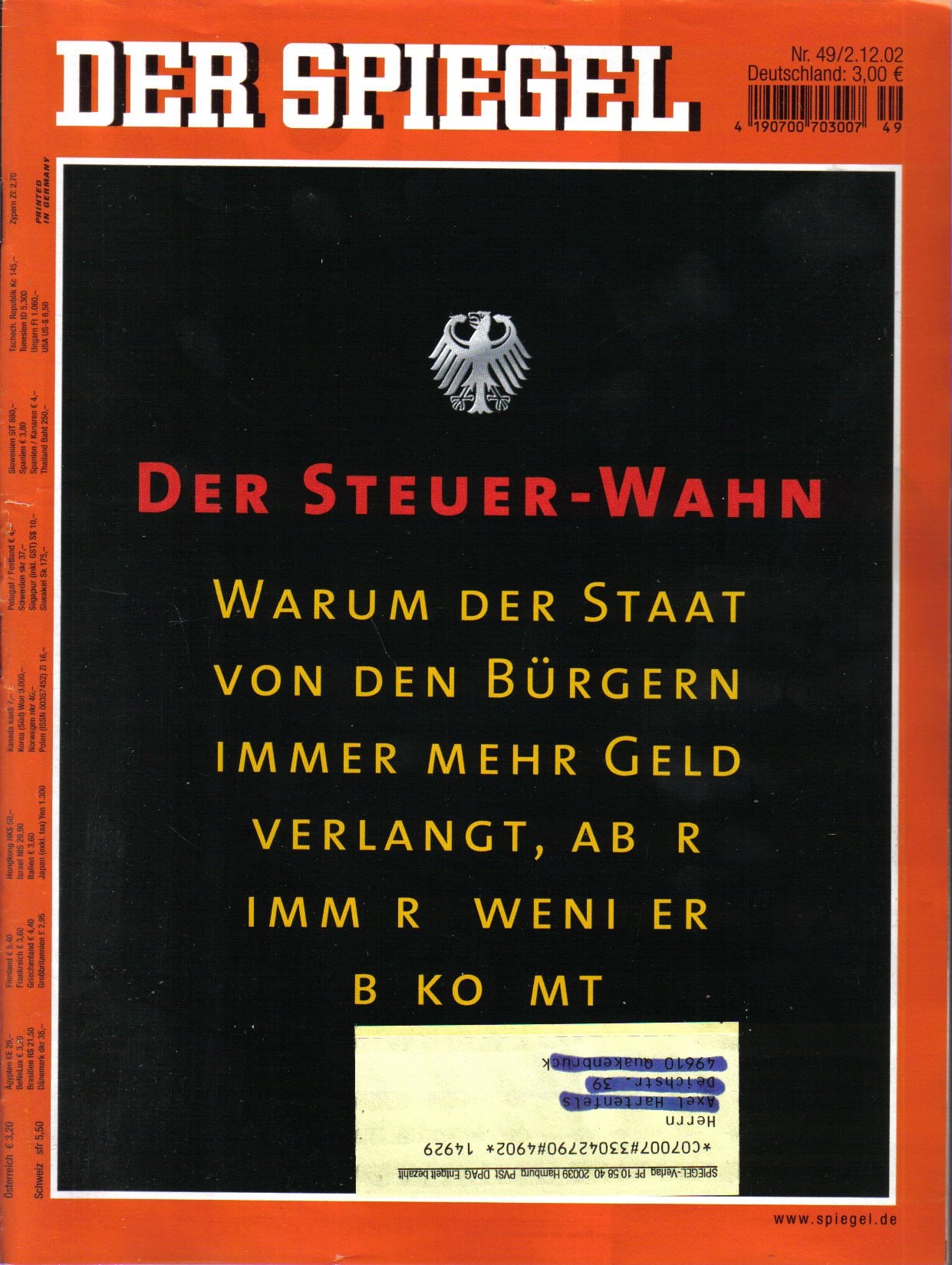 Der Spiegel Nr. 49 / 2002 - Titel: Der Steuer-Wahn