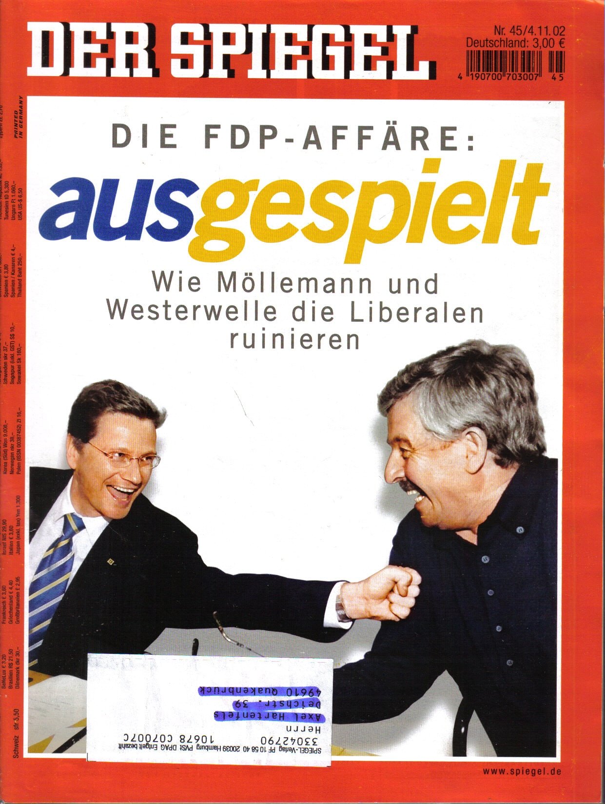 Der Spiegel. 4.11.2002, 56. Jahrgang. Nr. 45. Das deutsche Nachrichten-Magazin. Titelgeschichte: Die FDP-Affäre