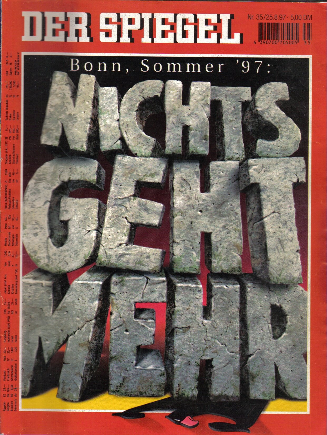 Der Spiegel. 25.08.1997, 51. Jahrgang. Nr. 35. Das deutsche Nachrichten-Magazin. Titelgeschichte: Bonn, Sommer ´97: Nichts geht mehr.