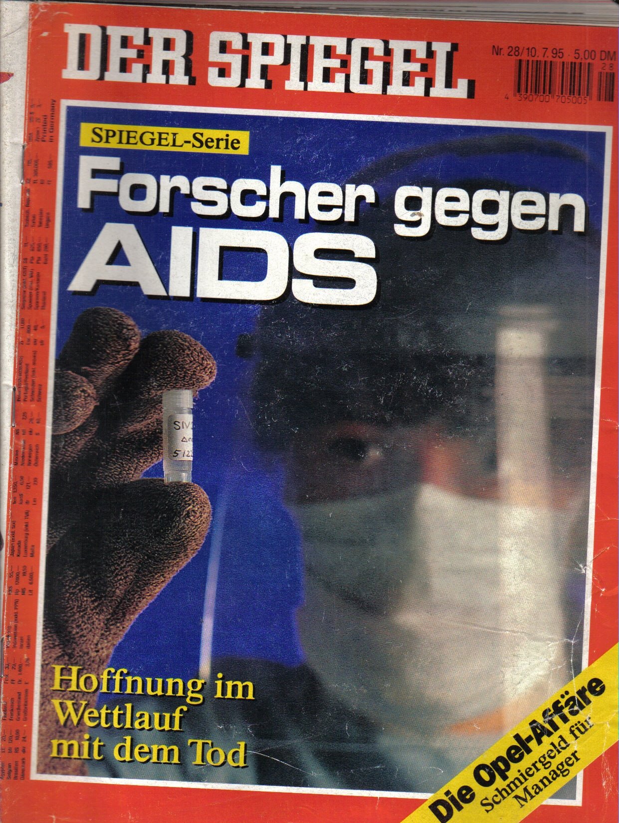 Der Spiegel. 10.07.1995, 49. Jahrgang. Nr. 28. Das deutsche Nachrichten-Magazin. Titelgeschichte: Spiegel-Serie - Forscher gegen AIDS - Hoffnung im Wettlauf mit dem Tod; Die Opel-Affäre - Schmiergeld für Manager.
