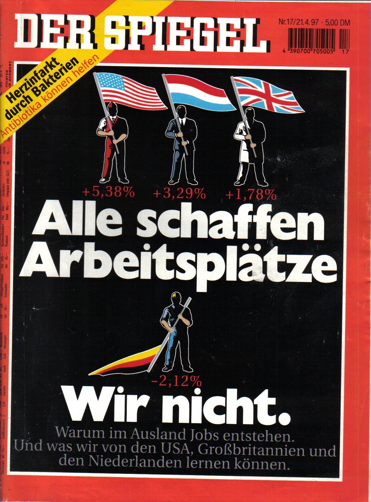 Der Spiegel. 21.04.1997, 51. Jahrgang. Nr. 17. Das deutsche Nachrichten-Magazin. Titelgeschichte: Alle schaffen Arbeitsplätze - Wir nicht - Warum im Ausland Jobs entstehen. Und was wir von den USA, Großbritannien und den Niederlanden lernen können; Herzi
