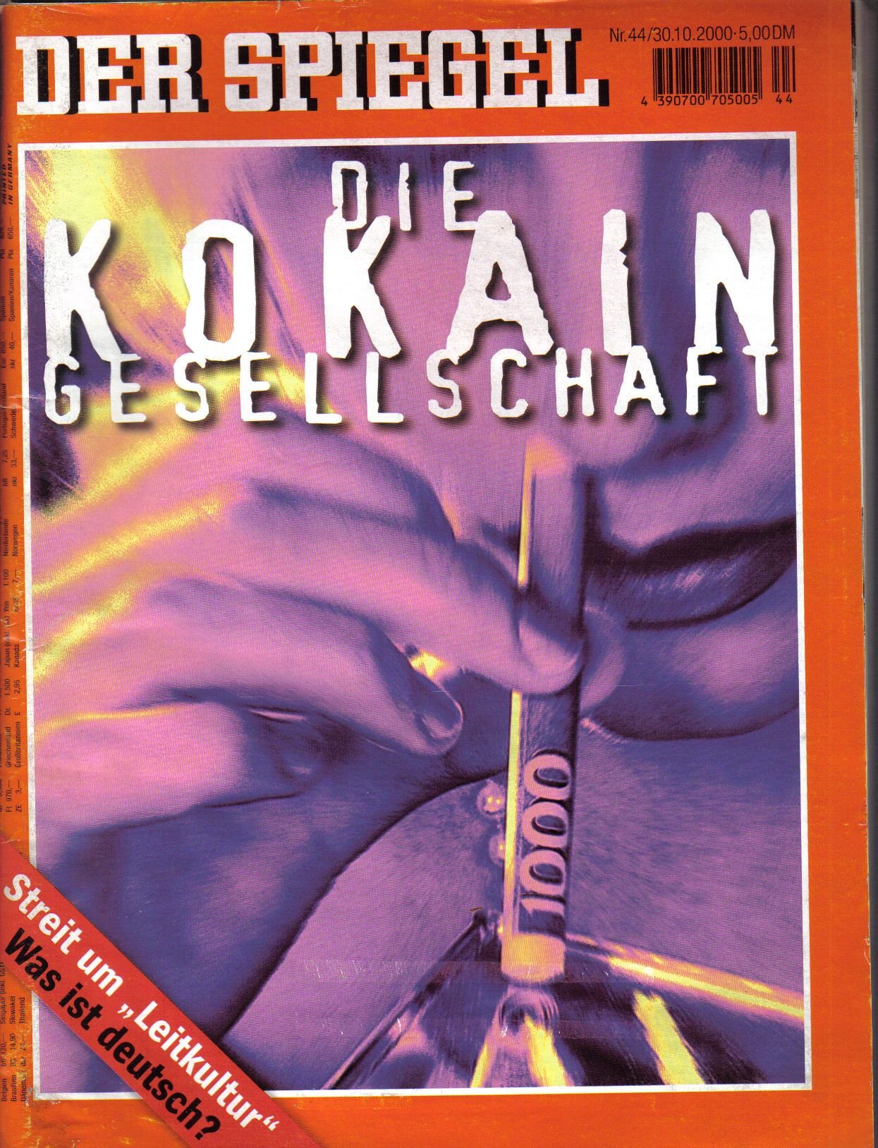 Der Spiegel. 30.10.2000, 54. Jahrgang. Nr. 44. Das deutsche Nachrichten-Magazin. Titelgeschichte: Die Kokain-Gesellschaft; Streit um "Leitkultur" - Was ist deutsch?
