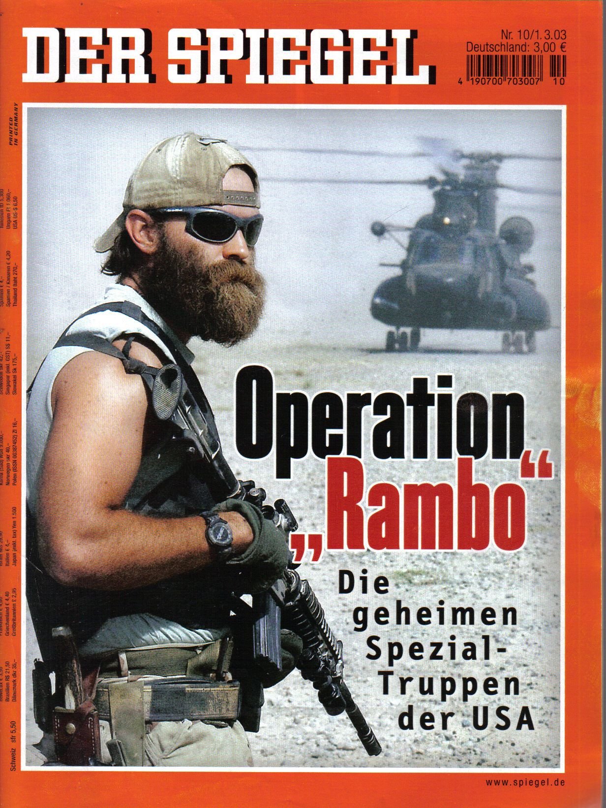 Der Spiegel. 01.03.2003, 57. Jahrgang. Nr. 10. Das deutsche Nachrichten-Magazin. Titelgeschichte: Operation "Rambo" - Die geheimen Spezial-Truppen der USA.