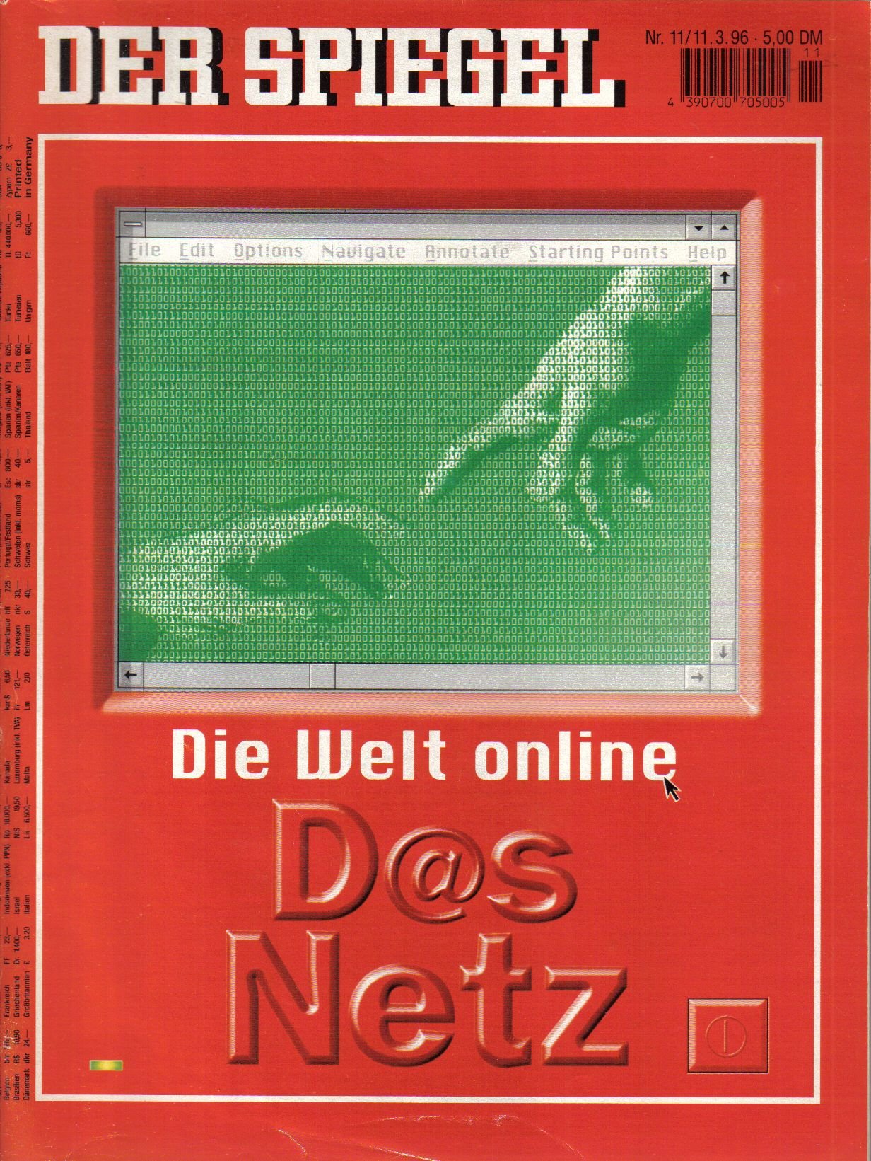 Der Spiegel. 11.03.1996, 50. Jahrgang. Nr. 11. Das deutsche Nachrichten-Magazin. Titelgeschichte: Die Welt online - D@s Netz.