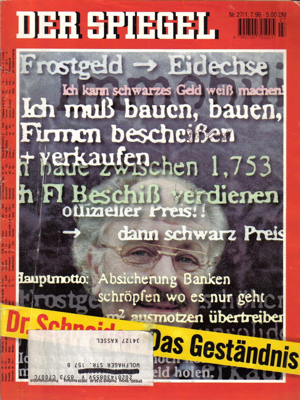 Der Spiegel. 01.07.1996, 50. Jahrgang. Nr. 27. Das deutsche Nachrichten-Magazin. Titelgeschichte: Dr. Schneider: Das Geständnis.