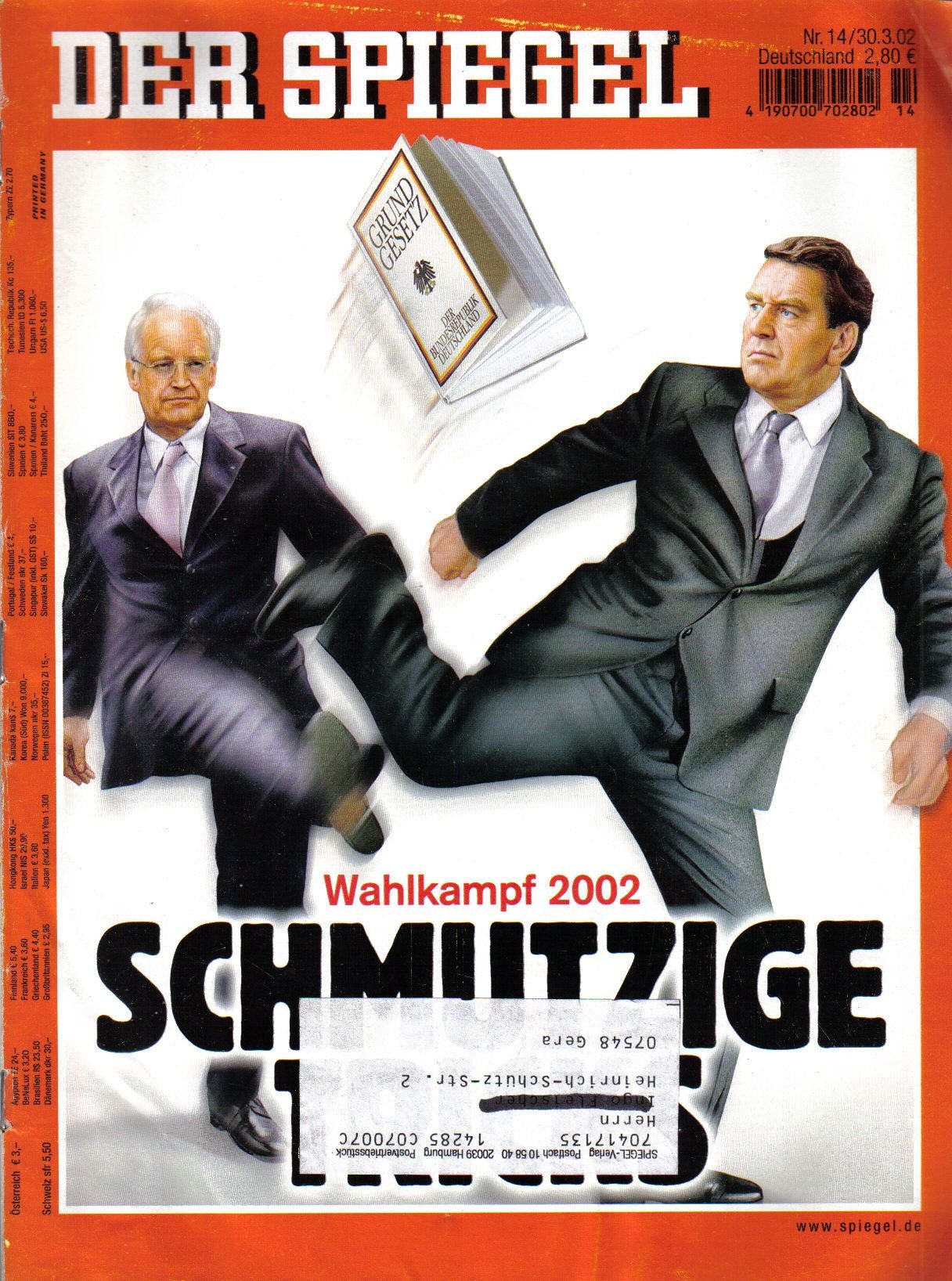 Der Spiegel. 30.03.2002, 56. Jahrgang. Nr. 14. Das deutsche Nachrichten-Magazin. Titelgeschichte: Wahlkampf 2002 - Schmutzige Tricks.
