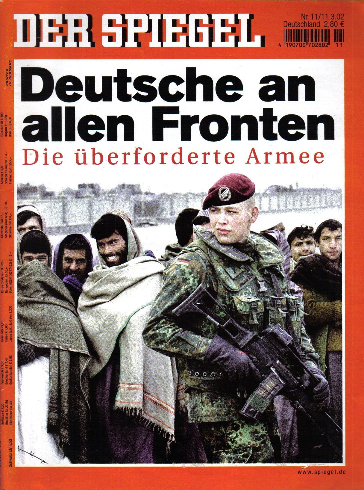 Der Spiegel. 11.03.2002, 56. Jahrgang. Nr. 11. Das deutsche Nachrichten-Magazin. Titelgeschichte: Deutsche an allen Fronten - Die überforderte Armee.