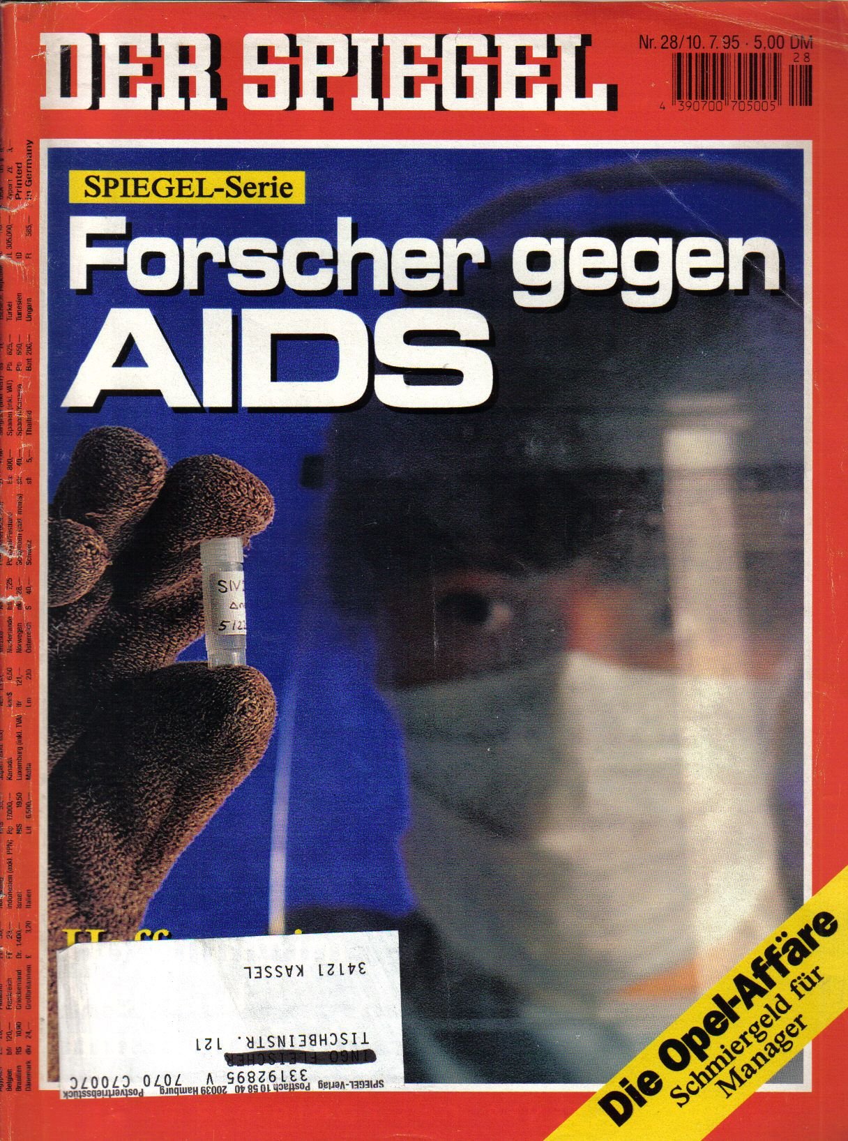 Der Spiegel. 10.07.1995, 49. Jahrgang. Nr. 28. Das deutsche Nachrichten-Magazin. Titelgeschichte: Spiegel-Serie - Forscher gegen AIDS - Hoffnung im Wettlauf mit dem Tod; Die Opel-Affäre - Schmiergeld für Manager.