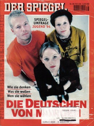 Der Spiegel. 19.09.1994. 48. Jahrgang. Nr. 38. Das deutsche Nachrichtenmagazin. Titelgeschichte: Spiegel-Umfrage Jugend ´94 - Die Deutschen von Morgen - Wie sie denken, Was sie wollen, Wen sie wählen.