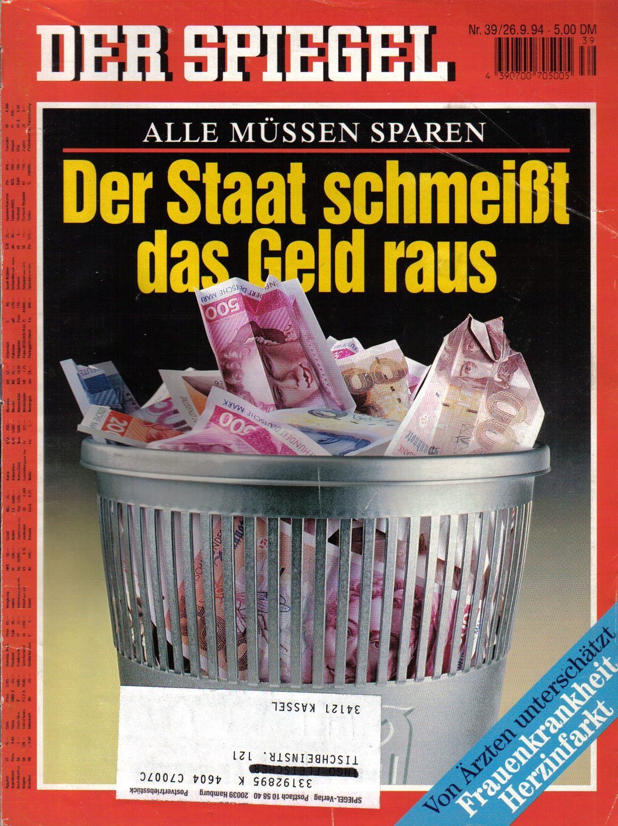 Der Spiegel. 26.09.1994. 48. Jahrgang. Nr. 39. Das deutsche Nachrichtenmagazin. Titelgeschichte: Alle müssen sparen - Der Staat schmeißt das Geld raus.