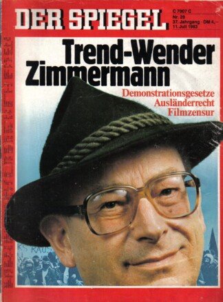 Der Spiegel. 11.07.1983, 37. Jahrgang. Nr. 28. Das deutsche Nachrichtenmagazin. Titelgeschichte: Trend-Wender Zimmermann: Demonstrationsgesetz, Auslönderrecht, Filmzensur.