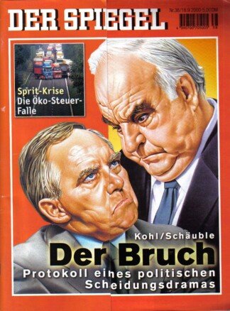 Der Spiegel. 18.09.2000,  54. Jahrgang. Nr. 38. Das deutsche Nachrichten-Magazin. Titelgeschichte: Kohl / Schäuble - Der Bruch - Protokoll eones politischen Scheidungsdramas; Verfehlte Verkehrspolitik: Die tägliche Blockade - Alle haben aus der Öl-Krise g