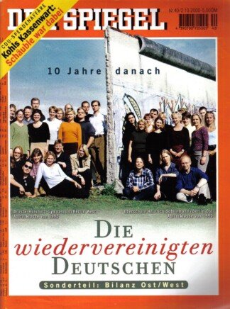 Der Spiegel. 02.10.2000,  54. Jahrgang. Nr. 40. Das deutsche Nachrichten-Magazin. Titelgeschichte: 10 Jahre danach - Die wiedervereinigten Deutschen - Sonderteil: Bilanz Ost / West; CDU-Spendenaffäre - Kohls Kassenwart: Schäuble war dabei.