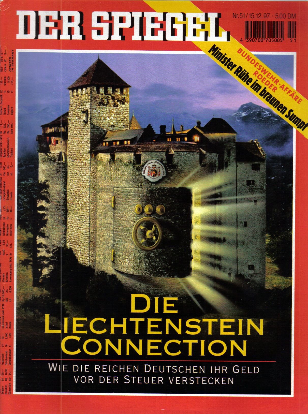 Der Spiegel. 15.12.1997, 51. Jahrgang. Nr. 51. Das deutsche Nachrichten-Magazin. Titelgeschichte: Die Liechtenstein Connection - Wie die reichen Deutschen ihr Geld vor der Steuer verstecken; Bundeswehr-Affäre Roeder - Minister Rühe im braunen Sumpf.