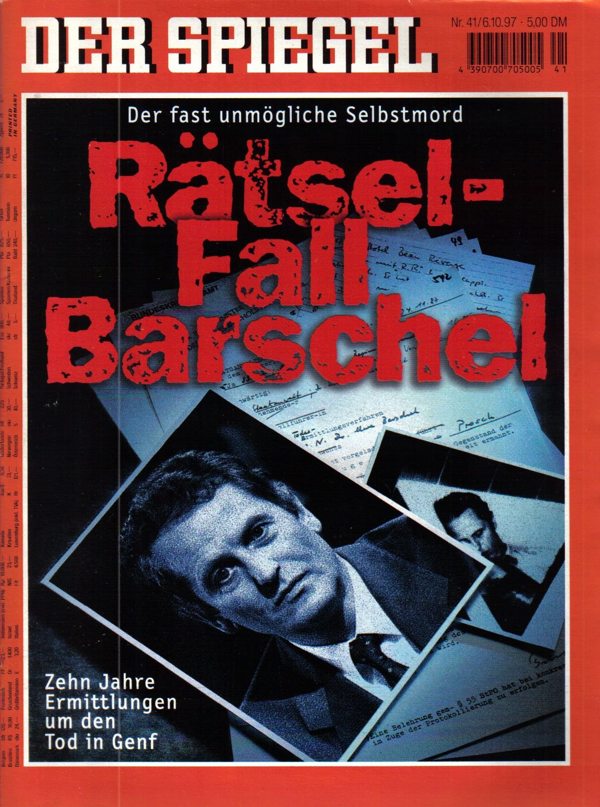 Der Spiegel. 06.10.1997, 51. Jahrgang. Nr. 41. Das deutsche Nachrichten-Magazin. Titelgeschichte: Der fast unmögliche Selbstmord - Rätsel-Fall Barschel - Zehn Jahre Ermittlungen um den Tod in Genf.