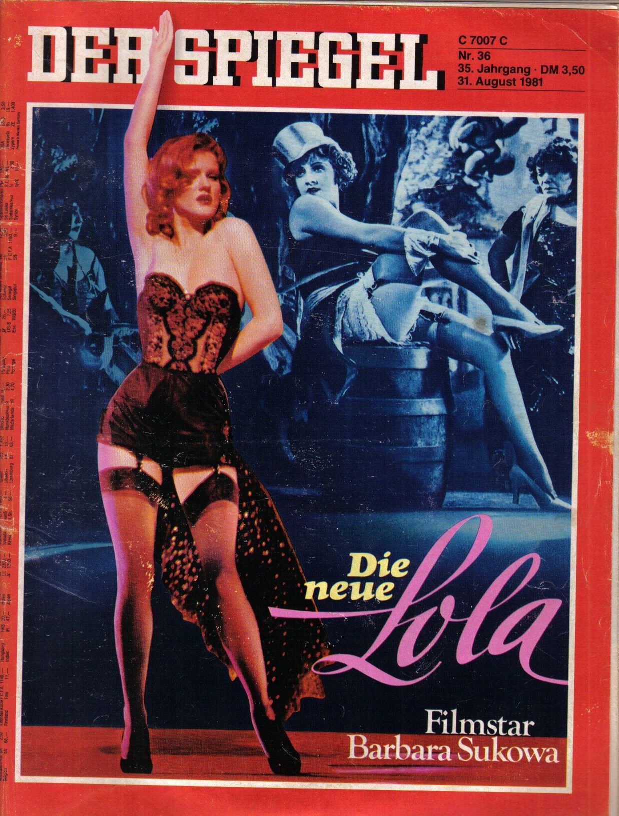 Der Spiegel. 31.08.1981. 35. Jahrgang, Nr.36. Das deutsche Nachrichtenmagazin. Titelgeschichte: Die neue Lola. Filmstar Barbara Sukowa.